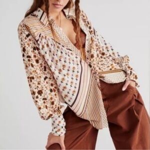 Free People Hazel Floral & Stripe Oversized  Button Down Top NWT